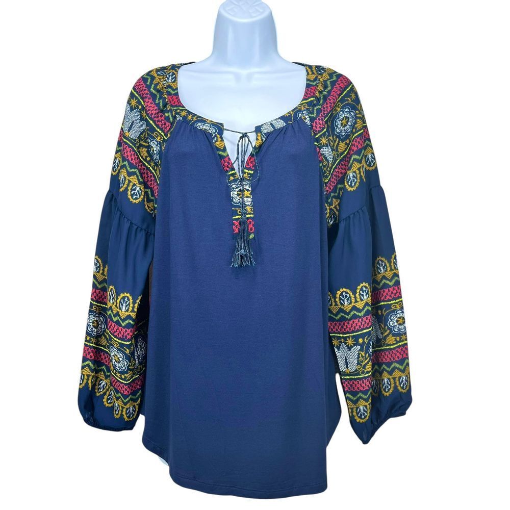 Fig & Flower Women's‎ Large Boho Peasant Blouse Navy Blue Long Sleeve Tunic Top